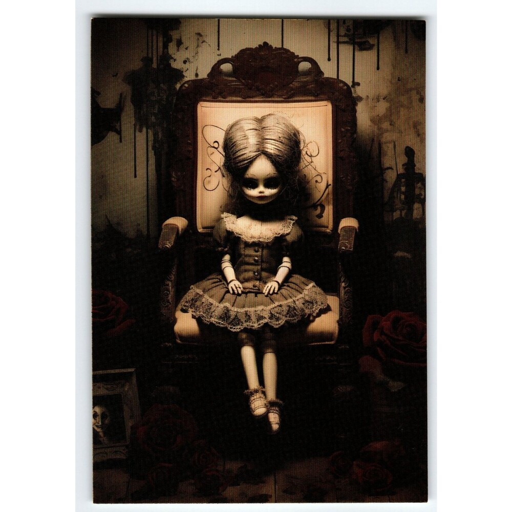 Vintage Photochrome Halloween Postcard Creepy Doll on Chair 5.5x4"